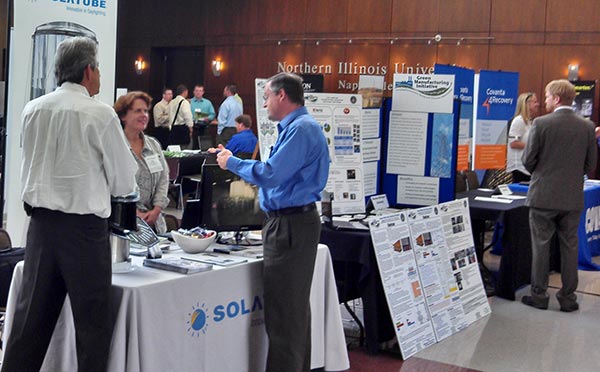 Exhibits showcasing products and systems from Orion Energy Systems, Zing Green Safety Products, Metalloid, Solatube, Nicor Gas/AGL Resources, Covanta, Illinois Sustainable Technology Center, Water Innovations Alliance, Digital Lumens, and GE allowed attendees to ask individual questions and gather application-specific information pertaining to their own plants.